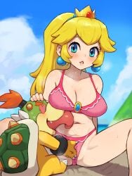 1boy age_difference bikini blonde_hair blue_eyes blue_sky bowser_jr. breasts chiwino cleavage commentary commission crown earrings female fingering fingering_through_clothes heart heart-shaped_eyes highres interspecies jewelry large_breasts licking licking_belly licking_stomach mario_(series) ni nintendo onee-shota parted_lips pink_bikini pixiv_commission ponytail princess_peach sky sphere_earrings spiked_shell straight swimsuit through_clothes tongue tongue_out