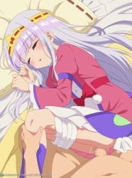 1boy absurdres aurora_sya_lis_kaymin bed blunt_bangs blush bow closed_eyes clothed_female_nude_male clothes_pull commentary english_commentary eufoniuz female headband highres long_hair lying maou-jou_de_oyasumi navel nude on_bed on_side pajamas parted_lips penis pillow pov pov_crotch purple_hair red_bow sex shorts shorts_pull sleep_molestation sleeping subscribestar_logo subscribestar_username thighs vaginal_penetration very_long_hair web_address yellow_headband