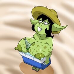 1female 1girls beach big_areola big_breasts big_breasts borka_(cartoonfan402) cartoonfan402 erect_nipples freckles_on_breasts goblin_female goblin_girl looking_up nipples oc original_character shortstack