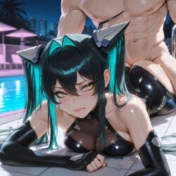1boy 1boy1girl 1girls absurd_res ai_generated ass ass_ripple biting_lip blush bodysuit breast_press clothed_female_nude_male goddess_of_victory:_nikke little_mermaid_(nikke) liu_(artist) looking_back night outdoors pool poolside prone_bone see-through_clothing sex_from_behind straight voluptuous voluptuous_female wet