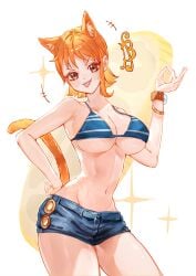 1girls animal_ears bare_stomach big_breasts bikini bikini_top blush breasts brown_eyes cat_ears cat_tail catgirl cleavage clothing collarbone curvaceous curvy curvy_female curvy_figure female female_focus female_only fit fit_female hand_on_hip jorts kemonomimi large_breasts looking_at_viewer midriff nami_(one_piece) navel one_piece orange_hair sc_scandium short_hair short_shorts slim_waist solo solo_female solo_focus tail thick_thighs thighs thin_waist tongue tongue_out underboob white_background