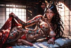 ai_generated amaterasu_(smite) areola_slip areolae balls ballsack black_hair earrings erect_penis erection futa_only futanari gold_eyes headgear in_bed intersex japanese japanese_clothes japanese_mythology large_breasts manofmidas on_side penis presenting_penis red_thong sideboob smite tattoos yellow_eyes