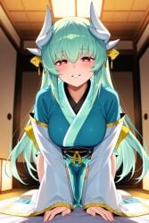 ai_generated big_breasts clothed clothing dragon_girl fate/grand_order fate_(series) female female_focus female_only green_hair hair_ornament heart-shaped_pupils horns huge_breasts in_love kimono kiyohime_(fate) kiyohime_(fate/grand_order) long_hair looking_at_viewer neruton pov seductive seductive_eyes seductive_look seductive_pose seductive_smile tagme tagme_(artist) yandere