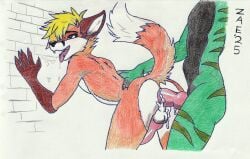 anal_sex anthro cum fox fox_tail furry gay_sex knot male/male pencil_(artwork) white_background zaeryn