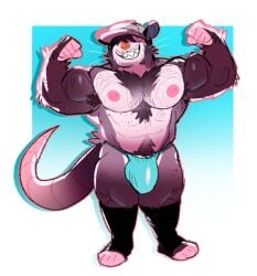 anthro baseball_cap big_bulge big_muscles big_nipples big_pecs bikini_thong biped body_hair brown_hair bulge chest_hair clothed clothing detailed_bulge flexing flexing_bicep flexing_both_biceps fluffy fluffy_chest footwear fur gradient_background hair hairy hat headgear headwear hi_res hidden_eyes huge_muscles male male_anthro mammal murid murine muscular muscular_anthro muscular_male nipples pecs purplecider rat rat_tail rodent simple_background smile socks solo swimwear tail thong thong_only topless topless_anthro topless_male underwear underwear_only
