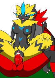 1boy 1girls ass belly black_fur blue_eyes blue_fur blush breasts claws erection fangs feline furry green_background humanoid_penis incineroar interspecies looking_down motion_lines navel nintendo nipples nude open_mouth paws penis pokemon pokemon_sm pokemon_usm pussy red_fur red_penis reverse_cowgirl_position sex spread_legs teeth testicles tongue unfinished vexing_(artist) whiskers white_background zeraora