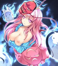 animated bare_shoulders breasts checkered_shirt collarbone female fox_mask hannya hata_no_kokoro huge_filesize kitsune_mask long_hair mask nakajou noh_mask off_shoulder pink_eyes pink_hair pussy solo touhou uncensored