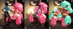 anthro balls claws flaccid_penis fluffy_hair huge_breasts human_to_anthro nipples penis rabinov thick_lips thick_thighs transformation transformation_sequence wide_hips