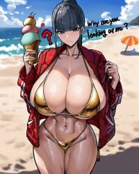 1girls :t ? beach beach_towel beach_umbrella big_ass big_breasts bikini black_hair blue_eyes blush blushing breasts_bigger_than_head dark_hair english_text enormous_breasts female female_only gigantic_breasts gold_bikini golden_bikini holding_object huge_breasts hyper_breasts ice_cream large_breasts light-skinned_female light_skin looking_at_viewer micro_bikini oc ocean original ponytail solo solo_female solo_focus text thick_thighs thighs thunder_thighs tight_clothing top_heavy venus_body voluptuous voluptuous_female wide_hips wolffeld wolffeld_price
