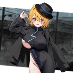 1girls bare_legs bare_thighs big_breasts blonde_hair blush breasts chinese_clothes cinq_association_(identity)_(project_moon) don_quixote_(limbus_company) eyebrows_visible_through_hair female female_only hair_between_eyes hat headwear huge_breasts jacket jacket_on_shoulders large_breasts light-skinned_female light_skin limbus_company no_bra no_panties oerba_yun_fang open_mouth pelvic_curtain project_moon qipao ripped_clothing short_hair skindentation solo sweatdrop thick_thighs torn_clothes yellow_eyes