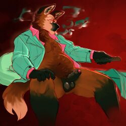 1:1 absurd_res anthro balls blazer canid canine cigarette cigarette_in_mouth clothed clothing controller erection eyewear fluffy fluffy_chest foreskin genitals glasses hand_on_knee hand_on_leg hi_res holding_controller holding_object holding_remote_control male mammal maned_wolf object_in_mouth open_clothing open_shirt open_topwear penis pillow pubes remote_control shirt simple_background slightly_chubby slightly_chubby_anthro slightly_chubby_male smoke smoking solo spread_legs spreading tail topwear vein veiny_penis