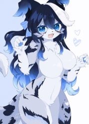 blue_eyes breasts fangs fur furry furry_only grey_fur hoshimiii_mi no_nipples nude