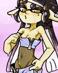 1girls blush breasts callie_(splatoon) callie_(summer_nights) cleavage covered_navel earrings hinaz1 inkling inkling_girl long_hair mole mole_under_eye nintendo open_skirt pointy_ears solo splatfest splatoon splatoon_3 summer_nights_splatfest sweat sweaty tentacle_hair two_tone_hair unzipped unzipped_skirt yellow_eyes