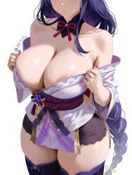areola_slip breasts cleavage closed_mouth collarbone commentary curvy detached_collar english_commentary eyes_out_of_frame female finger_under_clothes genshin_impact head_out_of_frame highres huge_breasts japanese_clothes kimono large_areolae long_hair low-braided_long_hair low-tied_long_hair nail_polish off_shoulder purple_hair purple_kimono purple_nails raiden_shogun simple_background solo sweat thick_thighs thighhighs thighs twitter_username undressing very_long_hair white_background wide_hips zetyi