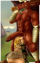 aroused_face ass big_penis blonde_hair elf_ears gay hylian kneeling licking_balls licking_penis licking_testicles light-skinned_male link long_hair male moblin moblin_(breath_of_the_wild) monster nobody_shapes nude oral oral_sex penis saliva tears_of_the_kingdom the_legend_of_zelda tongue_out wet_body yaoi