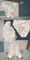 1:2 2025 absurd_res after_masturbation anthro balls bear belly big_belly blush bodily_fluids bus_stop clothing coat cum ejaculation erection genital_fluids genitals hi_res kemono male mammal masturbation moobs nipples open_mouth outside overweight overweight_male penis polar_bear quanjiang raincoat raining sitting solo topwear translucent_raincoat ursine
