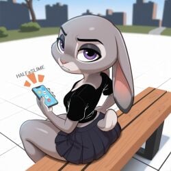 ai_generated annoyed bunny_girl female floppy_ears furry goth_girl grey_fur halfaslime hand_on_hip holding_phone judy_hopps looking_at_viewer looking_back makeup sitting skirt solo zootopia