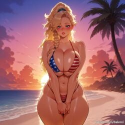 ai_generated american_flag_bikini balecxi beach blonde_hair blue_eyes blush braid breasts_squeezed_together cleavage curvy female flag_print gemma_(monster_hunter_wilds) huge_breasts long_hair looking_at_viewer monster_hunter_wilds navel outdoors palm_tree parted_lips solo sunset sweat swimsuit thick_thighs