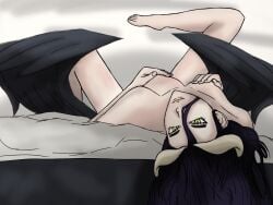 1girls 2d albedo_(overlord) black_feathers black_hair breasts covering_breasts demon demon_girl feathered_wings female female_only hands_on_breasts hi_res horns laying_on_back laying_on_bed legs_up light-skinned_female looking_at_viewer nude nude_female overlord_(maruyama) slit_pupils solo wings yellow_eyes zer0__rd