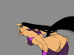 2023 4:3 5_fingers anthro ass balls big_breasts black_hair black_tail blush bottomwear bottomwear_down bra breasts clothed clothing equid equine eyelashes fingers genitals grey_background gynomorph hair hi_res horse intersex long_hair looking_at_viewer mammal pants pants_down partially_clothed pixiemuledonkey shannon_(chai) simple_background solo sports_bra tail underwear yoga_pants