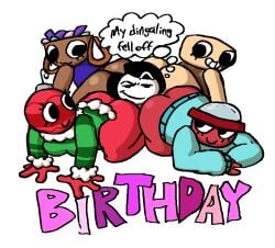 5girls alpha_channel ass ass_focus bassie_(dandy's_world) birthday bobette_(dandy's_world) bottomless dandy's_world female female_only gigi_(dandy's_world) huge_ass melissa_(sultryscribz) shelly_(dandy's_world) sultryscribz tagme text thought_bubble zombiehandred