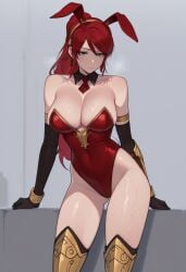 1girls ai_generated armor bracers bunny_ears bunny_girl circlet female female_only greaves green_eyes high_ponytail light-skinned_female long_hair ponytail pyrrha_nikos red_hair rwby simple_background smile solo solo_female tagme