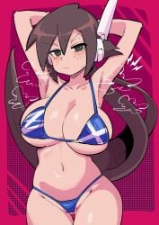 1girls @_@ aile big_breasts bikini blue_bikini blue_bra blue_g-string blush breasts brown_hair buzzlyears female hands_behind_head long_hair mega_man mega_man_zx