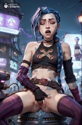 1girls ai_generated anus arcane arm_tattoo bare_shoulders belt blue_hair braid breasts closed_eyes clothed_masturbation covered_nipples crop_top female_masturbation fingering fingerless_gloves gloves hi_res jinx_(league_of_legends) league_of_legends long_hair masturbation nail_polish navel netflix night open_mouth outdoors pussy pussy_juice r34arts riot_games sitting small_breasts solo spread_legs stomach_tattoo striped_clothes striped_thighhighs tattoo thighhighs twin_braids uncensored