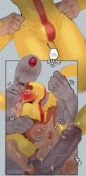 anthro backsack balls biped bloons_tower_defense blush boomerang_monkey_(bloons) brown_body brown_fur bulge clothing colored curling_toes dock_(anatomy) duo erection eyeless feet forehead_gem fur gem genitals glans grey_body grey_skin haplorhine hi_res humanoid_genitalia humanoid_penis imminent_anal imminent_sex jewish_mythology male male/male mammal monkey mythological_creature mythological_golem mythology ninja_kiwi open_mouth penis primate purple_eyes signature sincastermon skinsuit tail tail_grab tan_body tan_skin tight_clothing tongue tongue_out torn_clothing yellow_clothing yellow_skinsuit