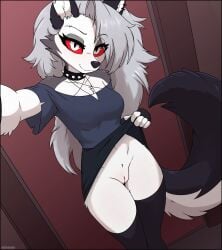 anthro artmarshmallow bottomless bottomwear breasts canid canid_demon canine clothed clothing collar demon female flashing genitals hair hellhound helluva_boss hi_res legwear long_hair loona_(helluva_boss) mammal medium_breasts mythological_canine mythological_creature mythology no_underwear partially_clothed pussy raised_bottomwear raised_clothing raised_skirt red_eyes selfie skirt smile snout solo solo_focus tail thigh_highs upskirt white_hair