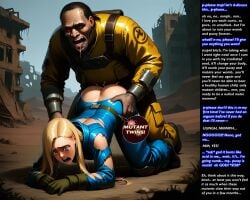 1boy ai_generated blonde_female crying_with_eyes_open cum_in_pussy fallout_(series) female fucked_from_behind male male_raping_female mutant nullification outdoors rape red_eyes ripped_clothing sperm_meets_ovum unwanted_impregnation vault_dweller wasteland
