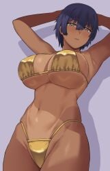 1girls big_breasts bikini dark-skinned_female dark_skin female female_focus female_only gold_bikini golden_bikini golden_week highlow huge_breasts micro_bikini original short_hair thick_thighs