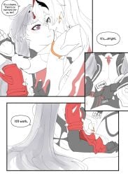 2girls blush blush_lines dna_kayoko female femdom highres honkai_(series) honkai_impact_3rd kiana_kaslana limited_palette raiden_mei text undressing yuri