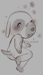 2024 animal_crossing anthro ass big_head biped blush blush_lines canid canine canis cat_smile chibi closed_eyes digital_media_(artwork) domestic_dog emanata female flat_chested flower goldie_(animal_crossing) lying mammal markings nintendo nude open_mouth open_smile paws plant raised_leg smile solo sparkles spots spotted_markings tail truemew