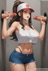 2boys ai_generated bangs bare_arms bare_shoulders baseball_cap black_panties black_underwear blue_eyes blue_shorts blush breasts brown_hair cleavage clothing crop_top crop_top_overhang cutoffs denim denim_shorts double_handjob erection female game_freak group_sex handjob hands_up hat headwear high_ponytail highleg highleg_panties hilda_(pokemon) imminent_fellatio jousneystudio large_breasts large_penis long_hair male midriff mmf_threesome multiple_boys multiple_penises navel nintendo nipples open_fly open_mouth outdoors panties pantsu panty_straps penis pokemon pokemon_(game) pokemon_black_&amp;_white pokemon_character ponytail precum protagonist_(pokemon) saliva saliva_trail see-through shirt short_shorts shorts sidelocks sleeveless sleeveless_shirt solo_focus standing stomach straight sweat tank_top testicles thick_thighs thighs thong threesome torn_clothes underwear veins white_shirt white_tank_top