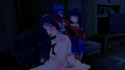 ahegao blue_hai cappie_(miside) cool_mita_(miside) crazy_mita_(miside) eyes_crossed eyes_rolling_back fucking_on_couch kind_mita_(miside) mc_(miside) miside mita_(miside) power_off three_girls tounge_out unfocused_eyes