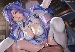 1boy absurdres artist_name assertive_female bar_censor blue_eyes blue_flower breasts cantarella_(wuthering_waves) censored clothed_female_nude_male commentary cowgirl_position deep_duck deepa_ducku dress earrings english_commentary facial_mark female flower hair_flower hair_ornament headdress highres indoors jewelry large_breasts leaning_forward long_hair looking_at_viewer male mark_under_eye mole mole_under_eye no_panties nude parted_lips penis pov purple_hair pussy pussy_juice pussy_juice_trail sex shrug_(clothing) single_thighhigh straddling straight thighhighs thighs vaginal_penetration white_dress white_shrug white_thighhighs wuthering_waves