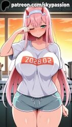 1girls 2025 ai_assisted ai_generated anime aqua_eyes artist_name big_breasts big_chest blush breasts bust busty chest clothed_female clothes_writing cloud darling_in_the_franxx dusk english_text evening eyebrows_visible_through_hair female female_focus female_only hairband hi_res high_quality high_resolution highres horns large_breasts long_hair one_eye_closed orange_sky patreon patreon_username pink_hair red_horns rubbing_eyes shorts sky skypassion solo stable_diffusion sunset t-shirt thick_thighs thighs watermark white_hairband wide_hips zero_two_(darling_in_the_franxx)