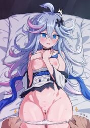 1boy arrow_(symbol) bar_censor blue_eyes blue_hair breasts breasts_out censored commentary_request commission female gradient_hair highres large_variant_set lying mary_skelter medium_breasts mermaid_(mary_skelter) multicolored_hair mumyou_ishi nipples on_back open_mouth panties panty_pull pov pov_hands purple_hair pussy skeb_commission straight textless_version underwear variant_set white_panties