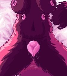 4_breasts ailurid anthro bed bed_sheet bedding bodily_fluids breasts digital_media_(artwork) female furniture genital_fluids hrelterskrelter lying mammal multi_breast nipples on_back pixel_(artwork) red_panda solo spread_legs spreading vaginal_fluids