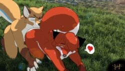 all_fours anal anthro bent_over black_nose blush canid canine canis closed_eyes duo fluffy fluffy_tail fox fur fuzzyphox green_eyes hi_res jayce_(keycaliber1) keycaliber1 looking_back looking_pleasured male male/male mammal nature nature_background oral orange_body orange_fur outside rimming rimming_male sex tail tail_aside