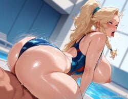 1boy ahe_gao ai_generated back_cutout balecxi blonde_hair blue_eyes blurry blurry_background blush braid breasts_out competition_swimsuit female gemma_(monster_hunter_wilds) huge_ass huge_breasts indoors long_hair monster_hunter_wilds motion_lines nipples one-piece_swimsuit open_mouth ponytail pool rolling_eyes sex solo_focus straddling straight swimsuit thick_thighs tongue tongue_out wet