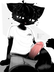 2026 4_fingers anthro bikabe3m black_body black_fur blush bodily_fluids briefs cat_tail clothed clothing clothing_pull digital_media_(artwork) domestic_cat dripping erection felid feline felis fingers fur genital_fluids genitals grey_briefs grey_clothing grey_underwear hair heart_symbol humanoid_genitalia humanoid_penis katsuroki_(bikabe3m) leaking_precum leaning leaning_backward leaning_on_table male mammal musk musk_cloud musky_penis open_mouth pantsless penile penis precum precum_drip precum_string shirt simple_background solo tail topwear underwear underwear_pull watermark white_clothing white_shirt white_topwear