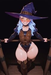 ai_generated blue_hair blush gwen leopard peril_reviwer revealing_clothes skintight_clothing thighhighs wizard wizard_hat yellow_eyes