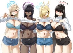 4girls animal_ears asuna_(blue_archive) asymmetrical_docking black_bra black_hair black_halo black_shorts blonde_hair blue_archive blue_bra blue_eyes blue_halo blue_shorts blush bra breast_press breasts chocolate_and_vanilla cleavage clothes_lift cowboy_shot dark-skinned_female dark_skin dog_ears dog_girl dolphin_shorts hair_over_one_eye halo highres kanna_(blue_archive) karin_(blue_archive) large_breasts lifting_own_clothes long_hair looking_at_viewer matching_outfits multiple_girls navel purple_halo red_eyes rio_(blue_archive) shirt shirt_lift shorts simple_background smile stomach thighs thore_(nathalukpol) underwear very_long_hair white_background white_shirt yellow_eyes