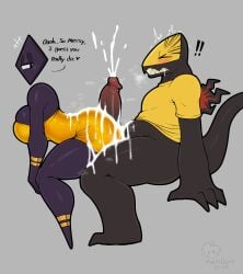 1_eye absurd_res anthro ass bedroom_eyes big_breasts big_butt big_penis black_body black_sclera black_skin blush bodily_fluids bracelet breasts closed_eyes clothing crocodile crocodilian cum cum_on_back cum_on_breasts cum_on_butt cum_on_self duo exclamation_point female genital_fluids genitals grinding half-closed_eyes heart_symbol hi_res hot_dogging humanoid jewelry male male/female mehdrawings narrowed_eyes penis prisma_(fr0gv0re) pupils red_pupils reptile scalie seductive sex shape_head sharp_teeth teeth text voladile_(fr0gv0re) yellow_clothing