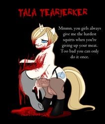 2013 blonde_hair blood blue_eyes cutie_mark death dickgirl english_text equine female female_death friendship_is_magic futanari gore grinder grotesque_death guro hair horn intersex mammal meat_grinder my_little_pony necrophilia original_character revadiehard snuff straight_hair tala_tearjerk text unicorn whitekitten