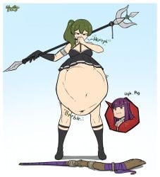 2d 2d_(artwork) 2girls artist_name belly belly_bulge bulge burp burping color colored digital_art digital_media_(artwork) female female_focus female_pred female_prey fern_(sousou_no_frieren) green_hair green_text gurgling hi_res highres holding holding_object holding_weapon light-skinned_female light_skin looking_down looking_down_at_partner madhouse onomatopoeia outline pout pouting prey_outline prey_shaped_bulge purple_eyes side_ponytail smirk sousou_no_frieren stomach stomach_bulge stomach_noises tsukiji ubel_(sousou_no_frieren) vore vore_belly weapon