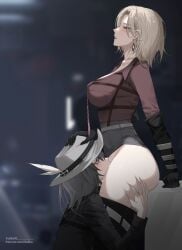 2girls absurdres artist_name black_gloves black_lips blonde_hair breasts character_request check_character chief_(path_to_nowhere) closed_eyes collarbone cunnilingus earrings female_chief_(path_to_nowhere) from_side gloves grabbing_another's_thighs grey_eyes grey_hair grey_hat hand_on_another's_head hat highres jewelry langley_(path_to_nowhere) large_breasts lipstick makeup multiple_girls necktie oral path_to_nowhere patreon_username pussy_juice seol_(baconontheclock) thighs twitter_username yuri