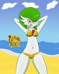 beach creatures_(company) diana_roel gardevoir generation_3_pokemon golden_bikini green_hair nintendo pokemon pokemon_(species) pokemon_rse red_eyes